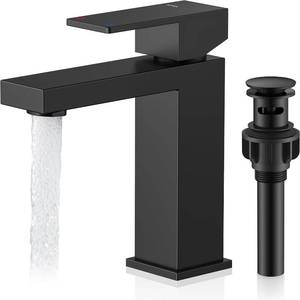 lot 4164 image: Matte Black Single Handle Bathroom Faucet 1 Hole, Black Vanity Faucet  Bathroom Sink Faucet with Pop Up Drain & Supply Lines, Lead-Free cUPC & NSF Certified, 1 Handle Faucet for Vanity RV Restroom