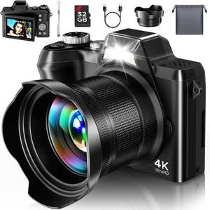 lot 4176 image: 4K Digital Camera for Photography Travel, 56MP Autofocus Vlogging Camera for YouTube, 16X Zoom with 3 180 Flip Screen &amp Lens Hood, 32GB Card, Gift Ideas for Teens &amp Beginners - Retail $89.99