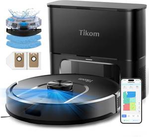 lot 4187 image: Tikom Robot Vacuum and Mop, Robotic Vacuum Cleaner with Self-Emptying Base  6000Pa, 90 Days Capacity, LiDAR Navigation, Home Mapping, Ideal for Pet Hair, Hard Floors, Carpet (L8000 Plus) - Retail $219.99