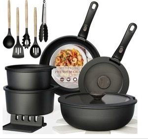 lot 4188 image: Astercook 21 Pcs Pots and Pans Set Non Stick, Ceramic Cookware Set Detachable Handle, RV Kitchen Cooking Set Removable Handles, Oven Safe, Induction Ready, Stackable, Black, Fathers Day Gift for Men
