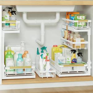 lot 4191 image: Under Sink Organizer and Storage for Bathroom and Kitchen - 2 Pack 3 Tier  Under Cabinet Pull Out Shelf Organizers - Slide Out Drawer Organization for Home Cabinets Shelves and Drawers