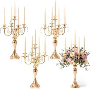 lot 4193 image: 20.3 Tall 5 Arm Candelabra Centerpiece for Table, Metal Elegant Candle Holder, Retro Candlestick Table Centerpieces for Party, Events, Home, Wedding Decor (4, Gold) - Retail $79