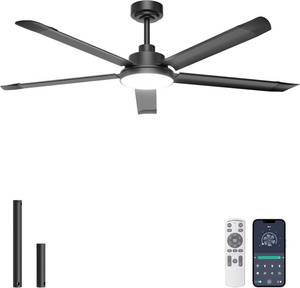 lot 4195 image: Ohniyou 60 Industrial Ceiling Fan with Light for Patio, Porch, Black  6800 CFM Airflow, 35dB DC Motor, 5 Aluminum Blades, 3CCT Dimming, RemoteAPP Control, Covered Outdoor Metal Fan