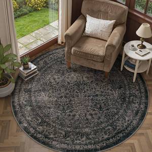 lot 4205 image: Lahome Floral Black Circle Rug, Round Rugs 6ft for Living Room Bedroom  Vintage Boho Non Slip Non Shedding Stain Resistant Round Carpet for Dorm Office Entry
