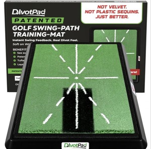 lot 4215 image: DivotPad Golf Training Mat, Patented 12mm Tufted Turf, Heavy Non-Slip Base Real Divot Feedback Reveals Swing Path and Low Point Alignment Guides Never Peel or Fade Extra Mat for IndoorOutdoor Use