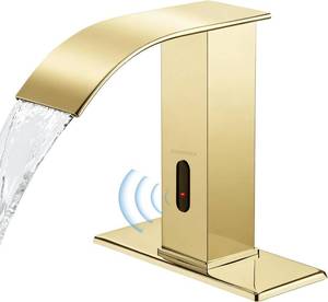 lot 4217 image: Touchless Bathroom Faucet with Waterfall Spout,Motion Automatic Sensor Bathroom Sink Faucet with Hole Cover Plate, Stainless Steel Hands Free Vanity Faucet(Regular, Gold) - Retail $87.99