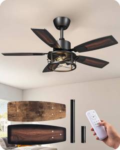 lot 4218 image: EDISHINE 42 Farmhouse Ceiling Fans with Light and Remote,10%-100% Dimmable  Reversible DC Motor, 6 Speed, 5 Wooden Blades, Timer, Rustic Caged Fandelier Ceiling Fan for Living Room, Bedroom
