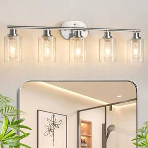 lot 4219 image: Bathroom Light Fixtures, 5 Light Vanity Lights for Bathroom, Brushed Nickel Wall Lamp with Clear Glass for Mirror, Living Room, Hallway, Cabinet, E26 Base