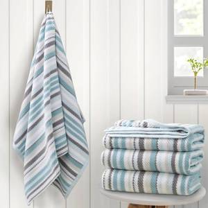 lot 4243 image: VOOVA & MOVAS Aqua Bath Towels 4 Pack, 100% Cotton, 28x52 in, Striped  Ideal for Shower and Daily Bathing, Lightweight, Super Soft, Highly Absorbent, Quick Dry, Bath Towels with Hanging Loops