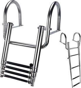 lot 4261 image: Hoffen 4 Step Pontoon Boat Ladder, Stainless Steel Telescoping Folding Boat Ladder Rear Entry Heavy Duty Custom Inboard with Pedal and Safe Handrails - Retail $89.99