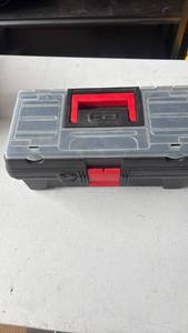 lot 195 image: Plastic Tool Storage Box with Red Handle and Compartments