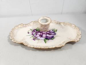 lot 81 image: MJR France Porcelain Candle Holder Tray Purple Flowers Hand Painted