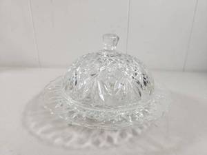 lot 95 image: Glass Butter Dish with Dome Cover Cut Pattern