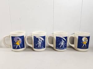 lot 97 image: When It Rains It Pours 4-Piece Mug Set with Girl Umbrella Designs Vintage Morton Salt