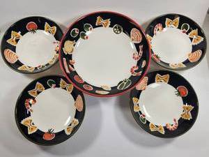 lot 103 image: 5 Pasta Seafood Citrus Bowls Black Red Rim Tableware