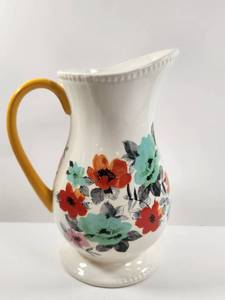 lot 116 image: The Pioneer Woman 2 Qt Pitcher Stoneware Floral Red Green Yellow Handle