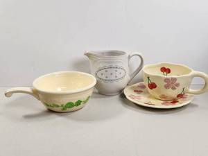 lot 131 image: Ceramic Teacup and Saucer Set Lot with Pitcher - Hand-Painted Floral