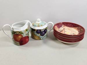lot 134 image: Tuscan Table Dinnerware Set Pitcher Teapot Bowls Pinot Grigio