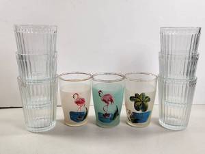 lot 138 image: IKEA Glass Drinkware Set 7 Pieces Flamingo Floral Design
