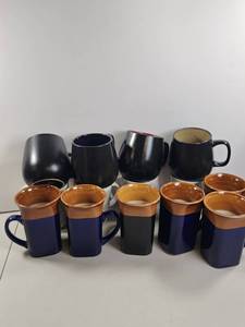 lot 149 image: Ceramic Coffee Mug Set 9 Black Navy Brown Patterned