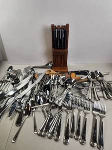 lot 157 image: Robert Welch Sheffield Flatware Set with Knife Block and Serving Utensils Huge Lot