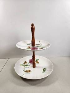 lot 173 image: Two-Tier Ceramic Cake Stand with Wood Handle and Floral Decoration