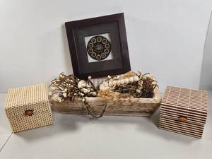 lot 174 image: Framed Decorative Art with Wooden Box, Dried Botanicals, and Storage Boxes