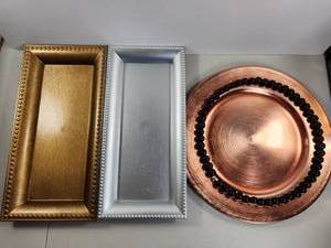 lot 180 image: Decorative Trays and Charger Plate Set Gold Silver Copper 3-Piece