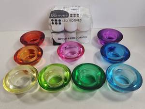lot 182 image: Votives Set of 6 LED Votives with Colored Glass Holders