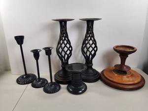 lot 185 image: Mixed Candleholder Lot 8 Pieces Black and Wood Decorative