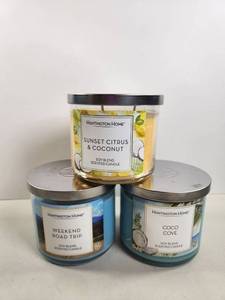 lot 190 image: Huntington Home Soy Blend Scented Candle 3-Pack Sunset Citrus Coconut Weekend Road Trip Coco Cove