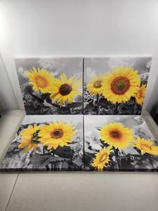 lot 197 image: Set of 4 Sunflower Canvas Wall Art Prints Black White Yellow