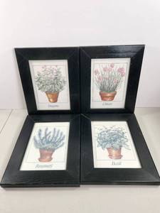 lot 198 image: Set of 4 Framed Herb Plant Prints Oregano Chives Rosemary Basil