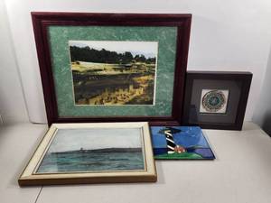 lot 200 image: Lot of 4 Framed Wall Art Prints and Decorative Tiles