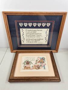 lot 201 image: Framed Cross Stitch Art and Calligraphy Quote Set Two Pieces