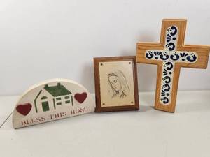 lot 202 image: Jeweled Cross Co. 3-Piece Wooden Decorative Accent Set with Cross, Portrait Frame, Home Blessing