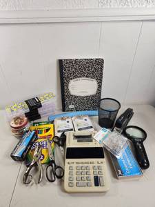 lot 217 image: Office &amp School Supply Lot Calculator Crayola Scissors Stapler Notebook Vintage to Now