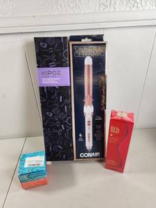 lot 232 image: Beauty Lot KIPOZI Pro Curling Wand, Conair 1 in. Barrel Curler, Sealed Giorgio Beverly Hills RED Fragrance, Sand &amp Axis Clay Mask