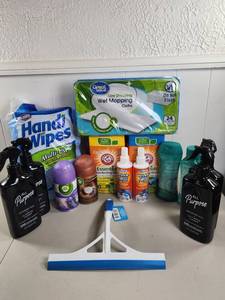 lot 233 image: Cleaning Supplies Lot Wipes Sprays Disinfectant Cloths Mop Squeegee