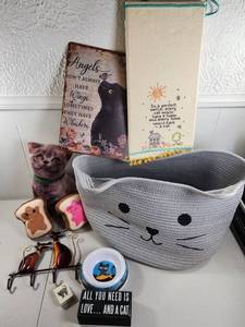 lot 235 image: Cat Themed Decor Lot Wood Signs Basket and More