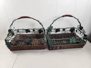 lot 250 image: Woven Baskets with Metal Ivy Vine Trim and Handles, Set of 2
