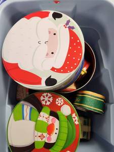 lot 275 image: Holiday Decorative Metal Cookie Tins Lot Santa Snowman