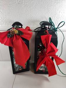 lot 287 image: Pair Of Black Lanterns with Red and Green Ornaments Christmas Themed
