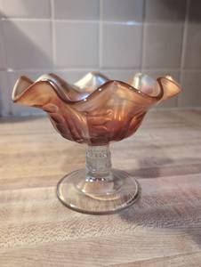 lot 1001 image: Marigold Carnival Glass Compote Bowl with Ruffled Rim and Pedestal Base