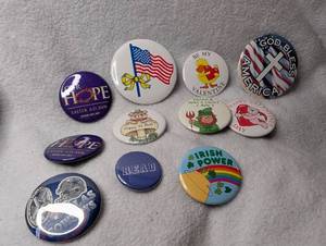 lot 2019 image: Lot of 11 Assorted Pinback Buttons Holiday Patriotic Sports Themes