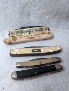 lot 2508 image: Lot of 5 Vintage Folding Pocket Knives with Advertising Handles
