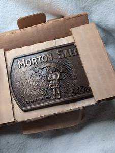 lot 2515 image: Morton Salt When It Rains Belt Buckle