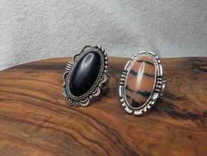 lot 3110 image: Ornate Oval Stone Rings with Decorative Beaded Settings -Stretch Band - 2 ct