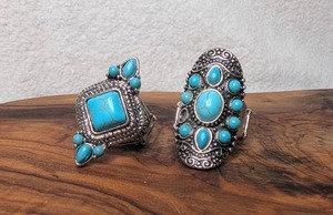 lot 3113 image: Turquoise Statement Rings with Ornate Metal Settings-Stretch Band - 2 ct