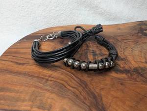 lot 3204 image: Black Leather Cord Bracelet with Metal Beads and Clasp-2 ct